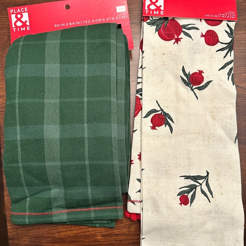 Green Plaid and Cream Pomegranate Tablecloths